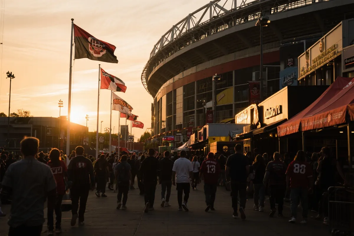 傍晚球场外的球迷街区氛围：旗帜、光影与人群